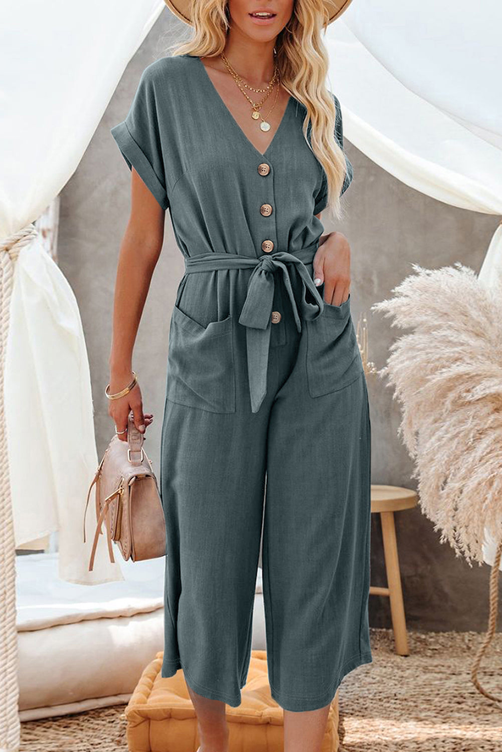 Pocket-Perfect Belted Button Jumpsuit – Slate Blue