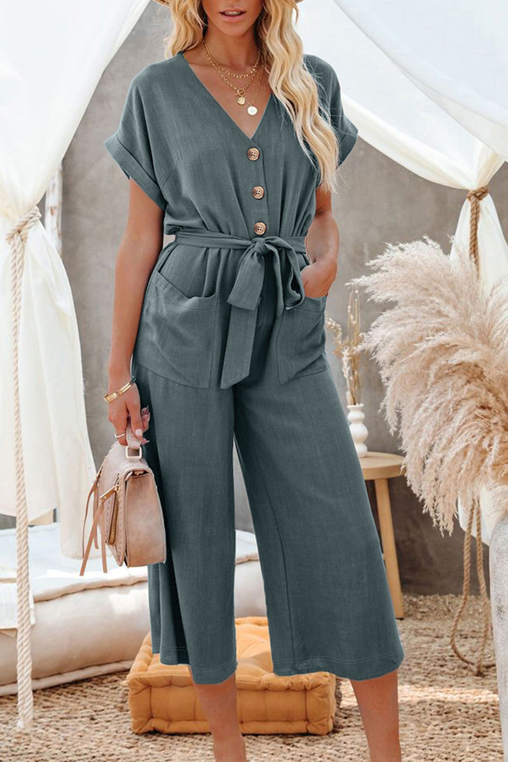 Pocket-Perfect Belted Button Jumpsuit – Slate Blue