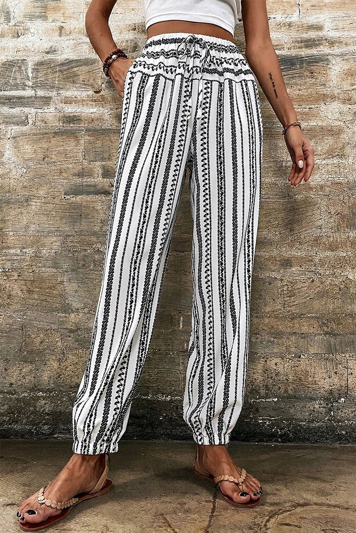Lightweight Stripe Casual Pants – Black & White Drawstring Waist