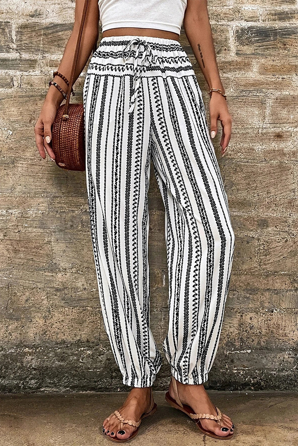 Lightweight Stripe Casual Pants – Black & White Drawstring Waist
