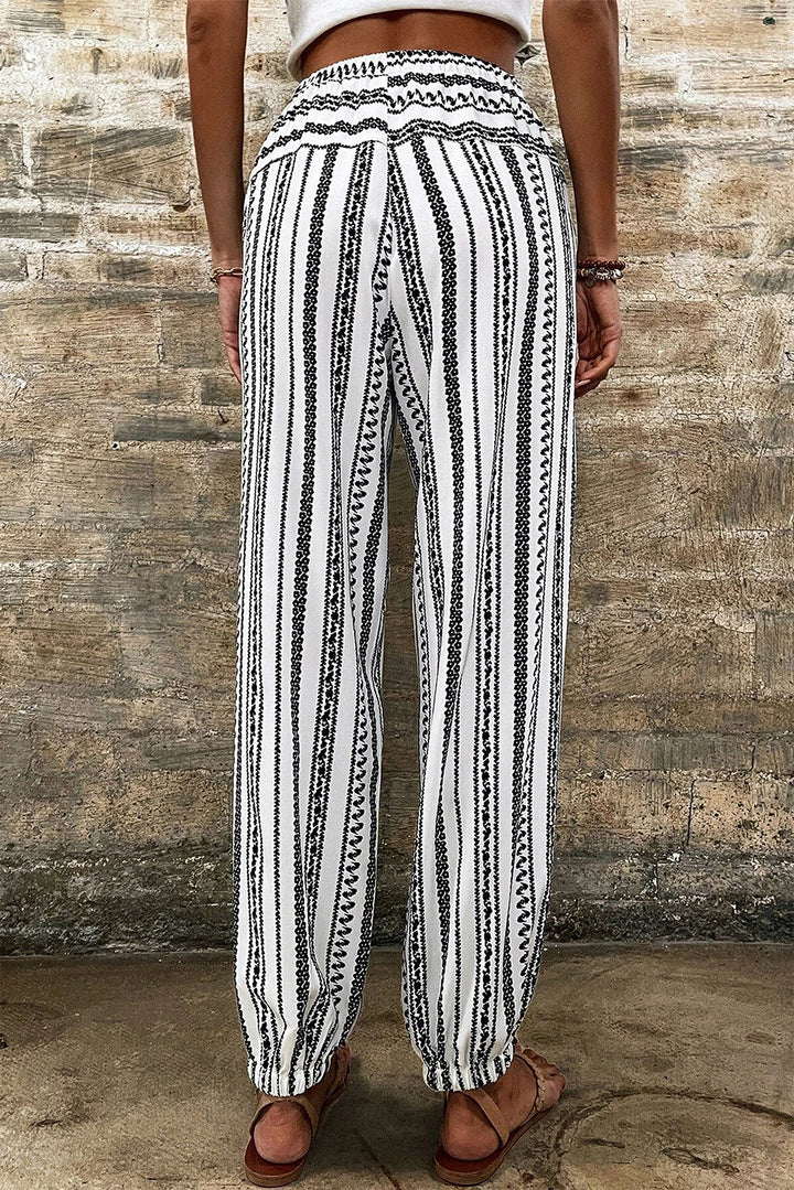 Lightweight Stripe Casual Pants – Black & White Drawstring Waist