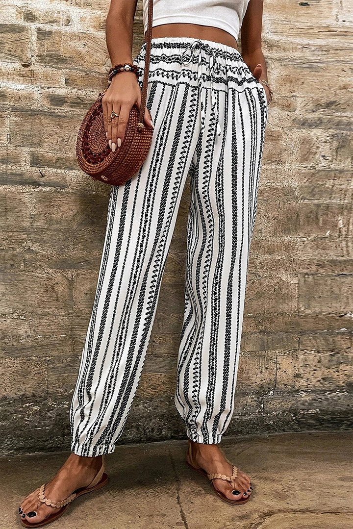 Lightweight Stripe Casual Pants – Black & White Drawstring Waist