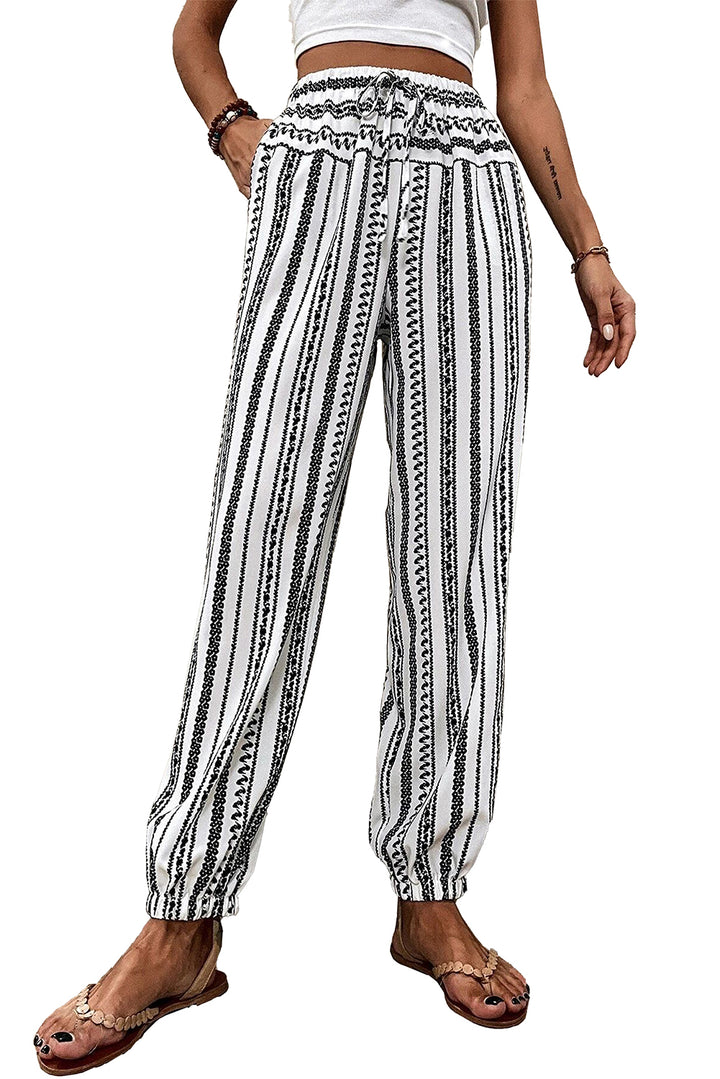Lightweight Stripe Casual Pants – Black & White Drawstring Waist