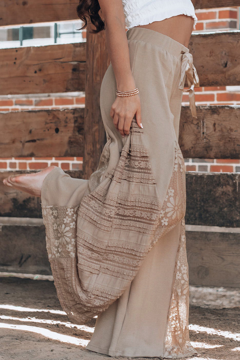 Boho Lace Palazzo Pants in Sand