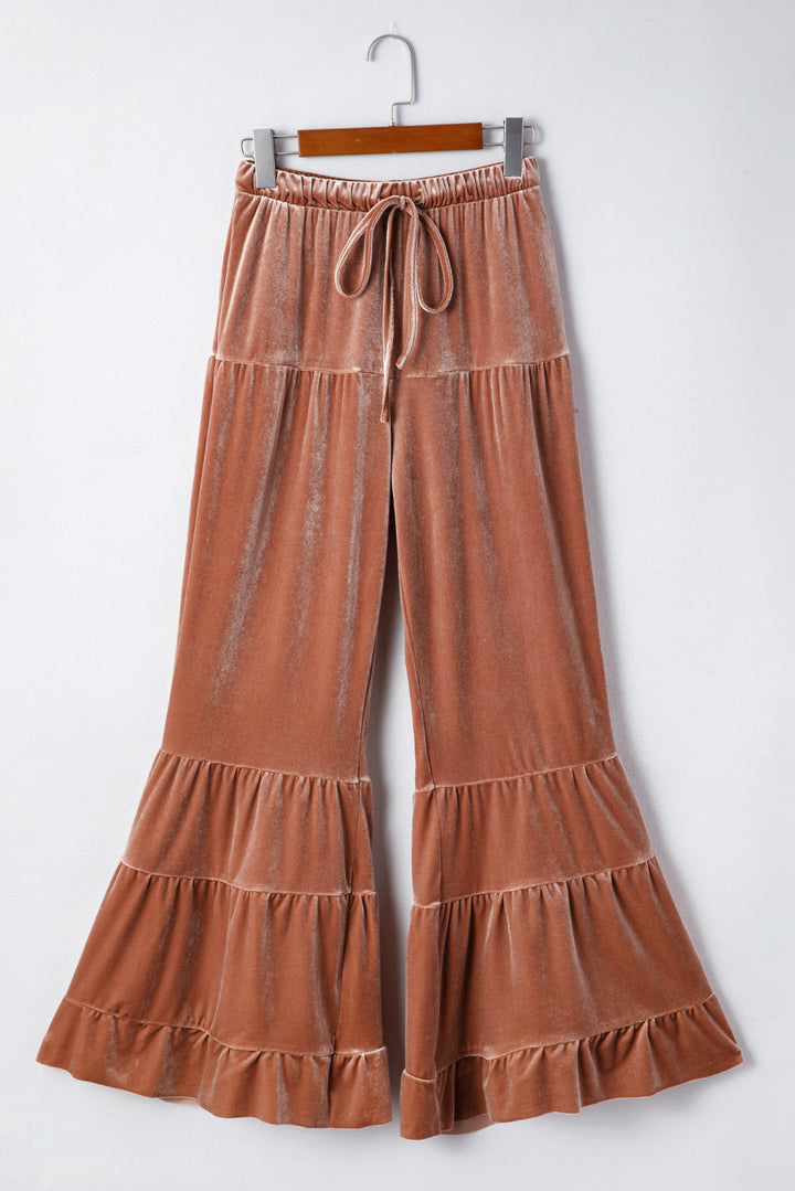 Velvet Ruffle Flares – Drawstring Lounge-To-Luxe Pants (Mocha Rose)