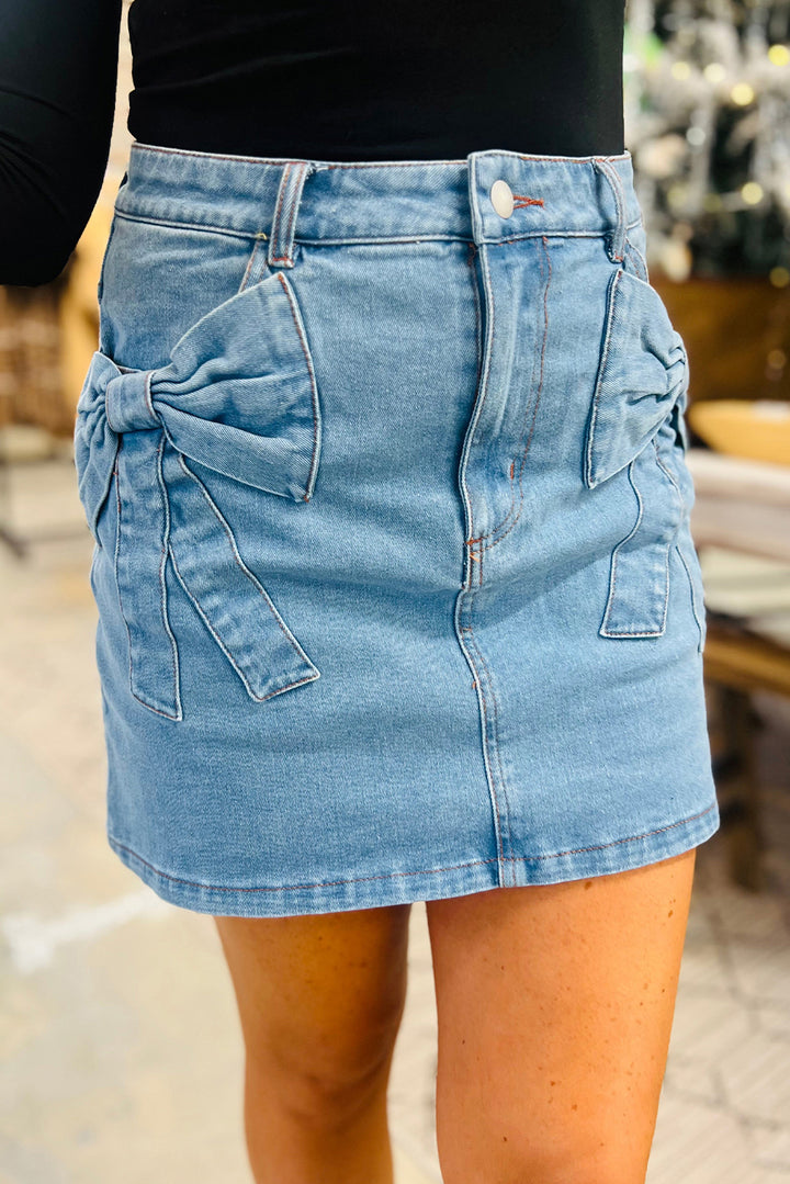 Bow Down Denim Mini Skirt