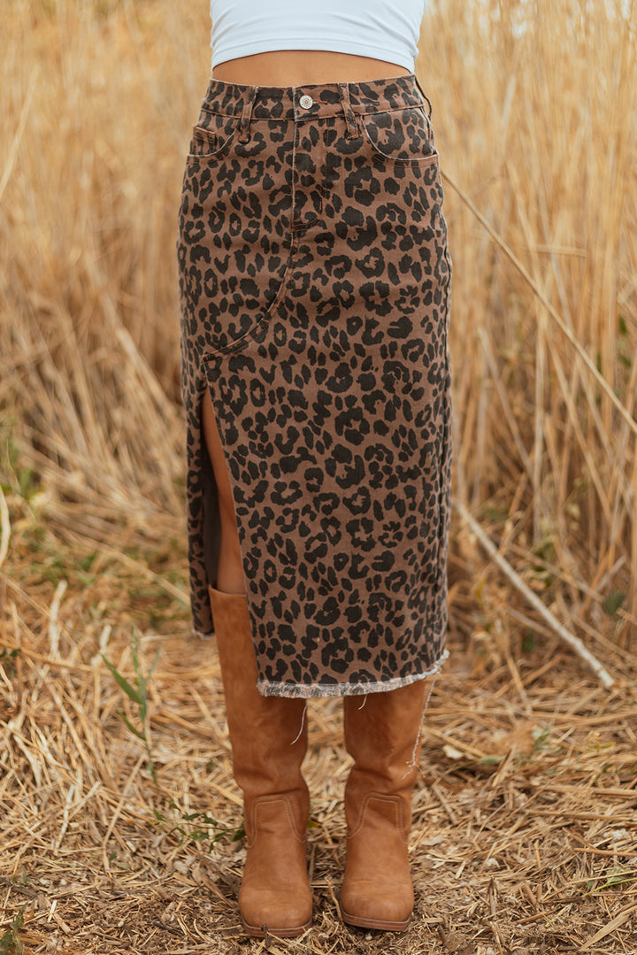 LC78112Luke &; Estelle “Run Wild” Leopard Denim Midi Skirt