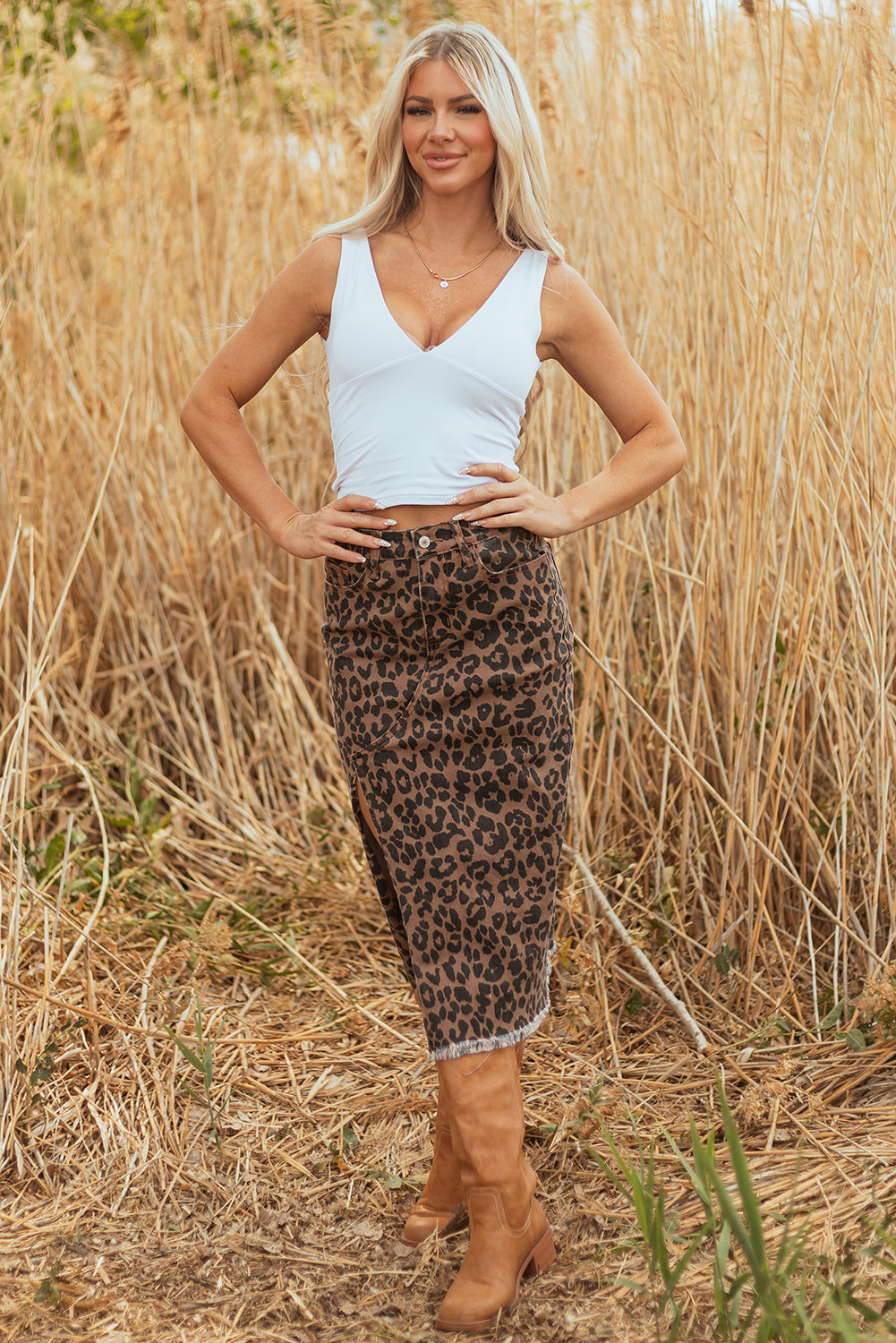 LC78112Luke &; Estelle “Run Wild” Leopard Denim Midi Skirt