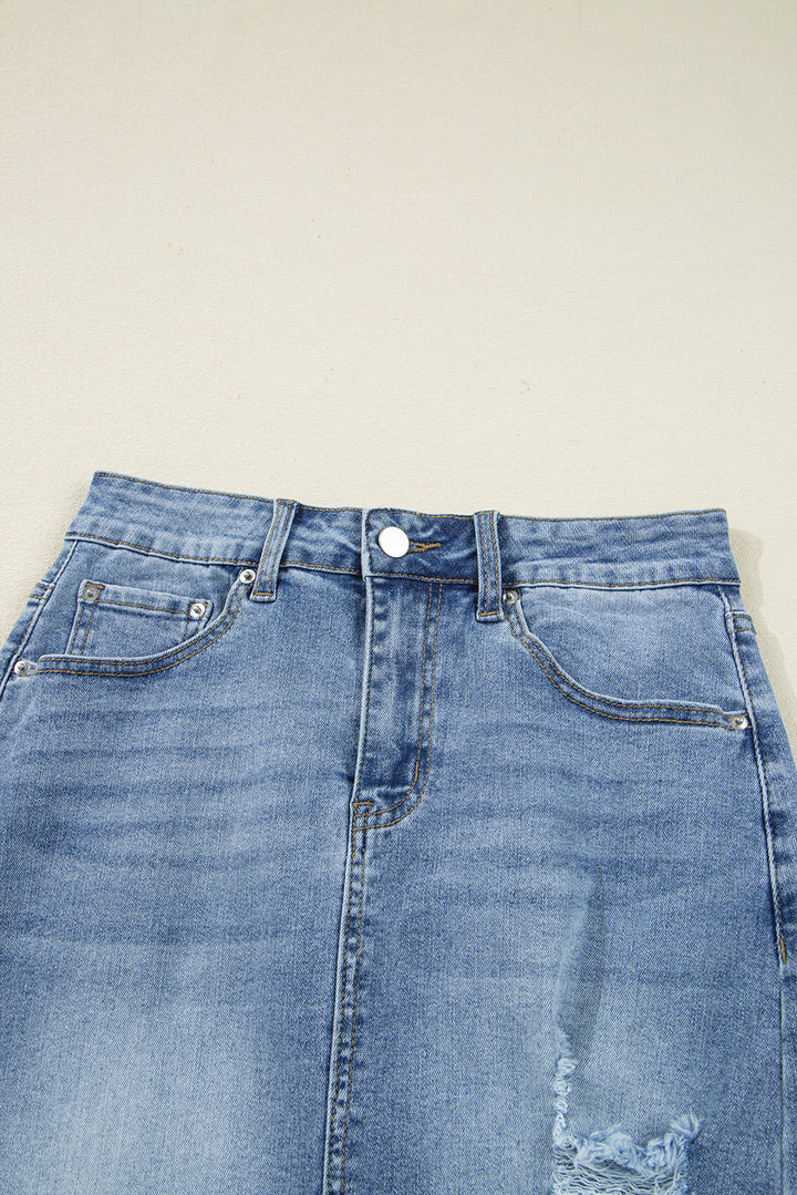 Luke & Estelle “Wild At Heart” Distressed Midi Denim Skirt – BHB Boutique Exclusive