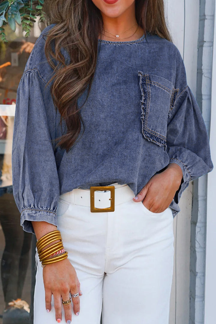 Sweet Vintage Ruffle Pocket Denim Top
