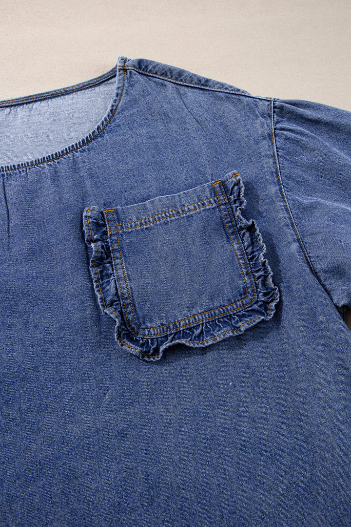 Sweet Vintage Ruffle Pocket Denim Top