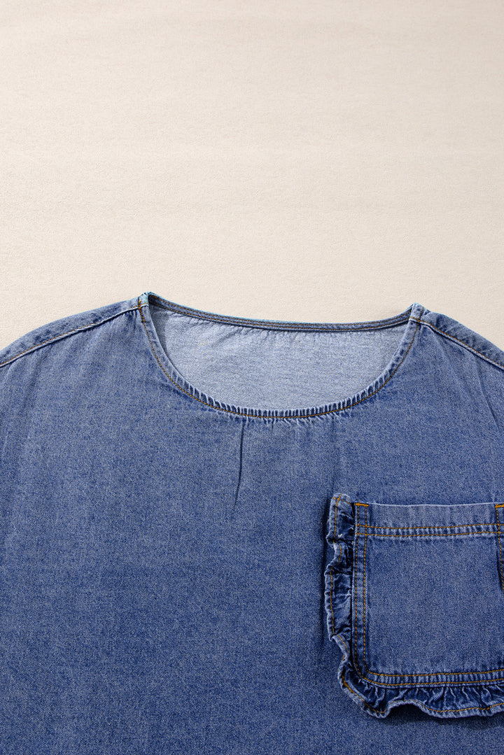 Sweet Vintage Ruffle Pocket Denim Top