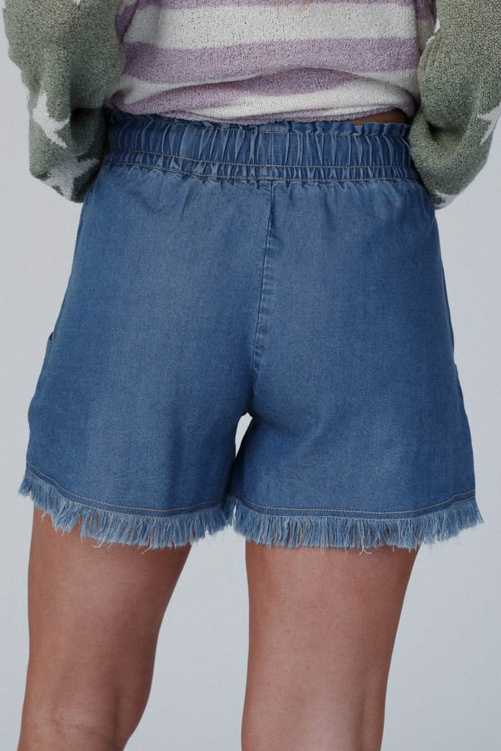 Blue Freyed Hem Drawstring High Waist Denim Shorts with Pockets Success