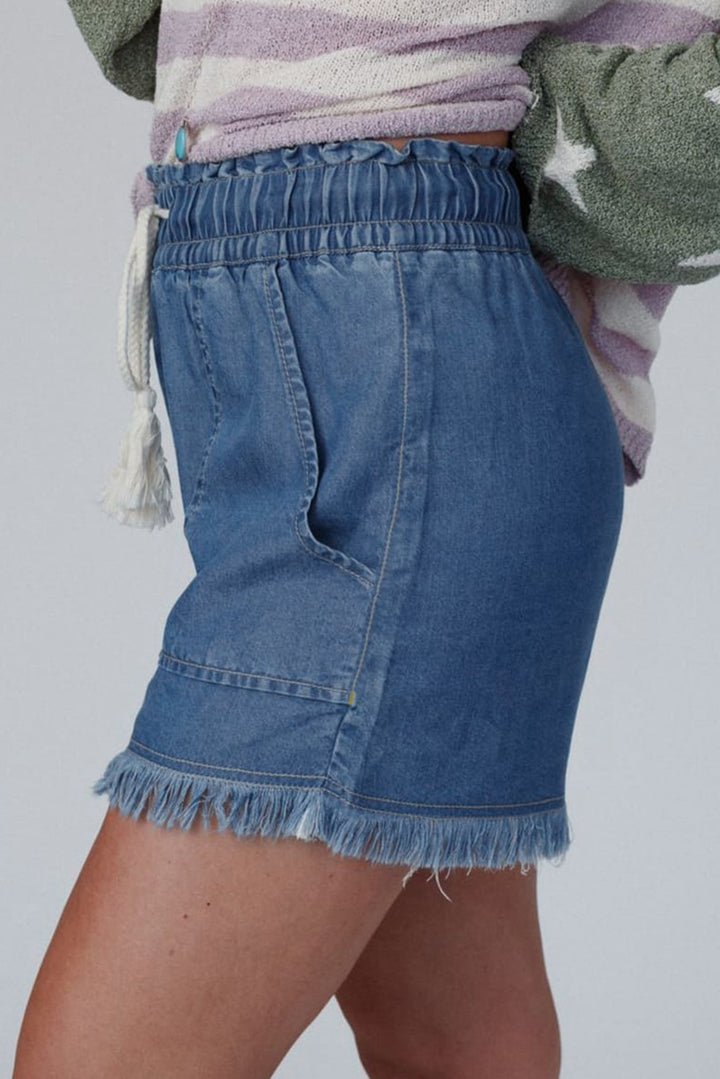 Blue Freyed Hem Drawstring High Waist Denim Shorts with Pockets Success