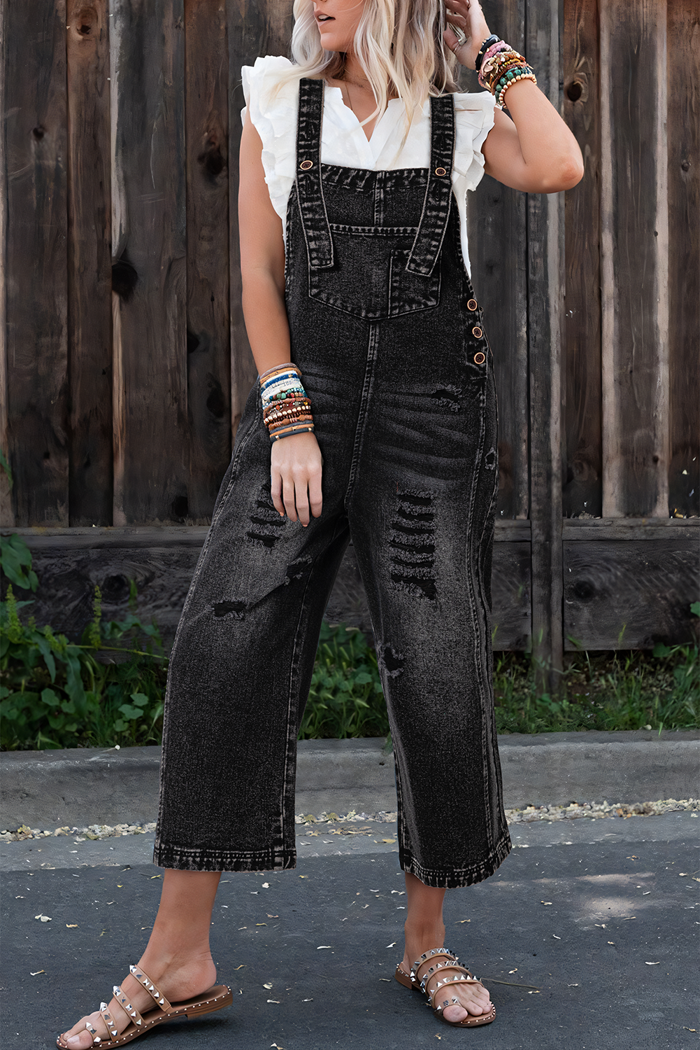 Charcoal Stone Washed Distressed Bib Pocket Wide Leg Denim Overall Tie Straps