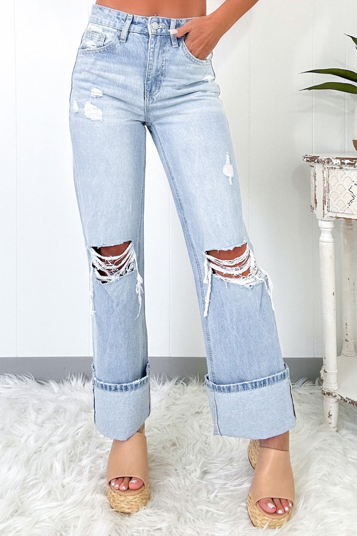 Skyline Distressed Wide-Leg Jeans – Cuffed Light Wash Deni