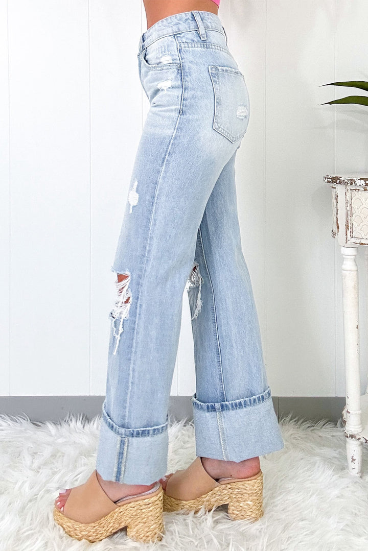 Skyline Distressed Wide-Leg Jeans – Cuffed Light Wash Deni