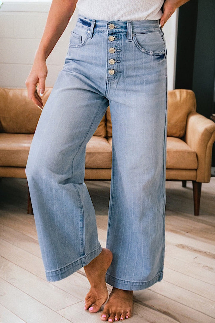 Luke & Estelle “Pinstripe Perfection” Button Fly Cropped Wide Leg Jeans 👖✨