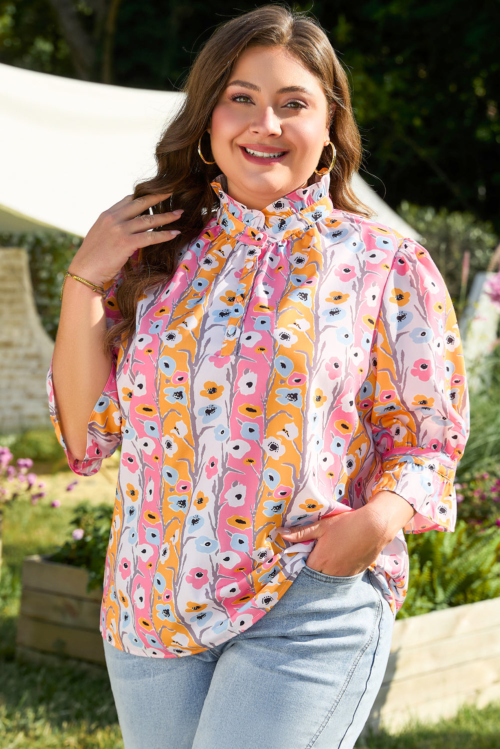 PLUS SIZE✨Petal Pop Ruffle-Neck Blouse 🌸