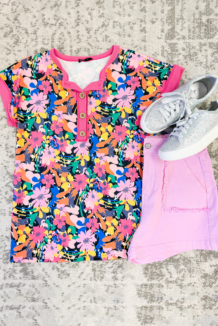 PLUS SIZE✨Confetti Garden Henley Tee (Hot-Pink Trim)