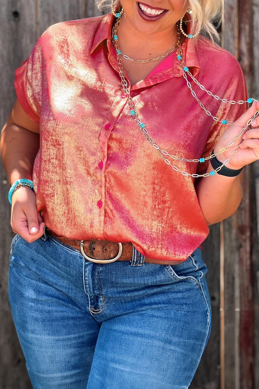 PLUS SIZE✨Sunset Shimmer Metallic Button-Up Top