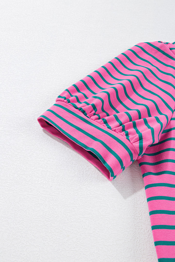 PLUS SIZE✨Electric Pop Stripe Puff-Sleeve Dress (Pink + Teal)