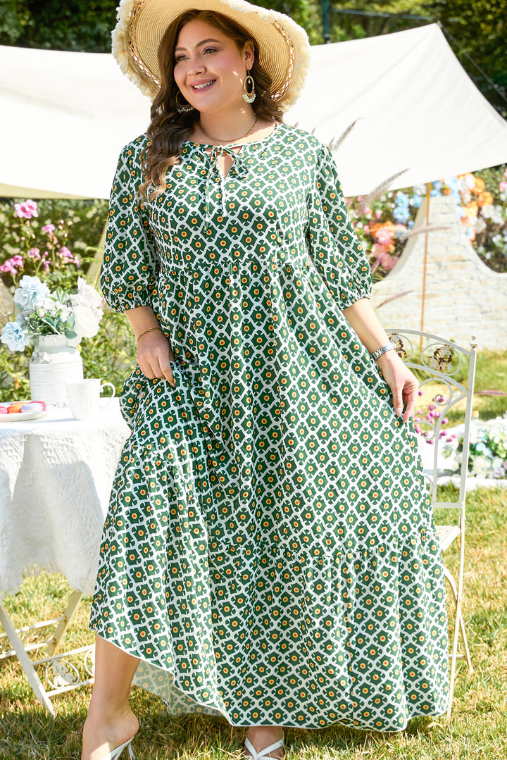 PLUS SIZE✨Emerald Garden Mosaic Tie-Neck Maxi (with Pockets) 💚🌼