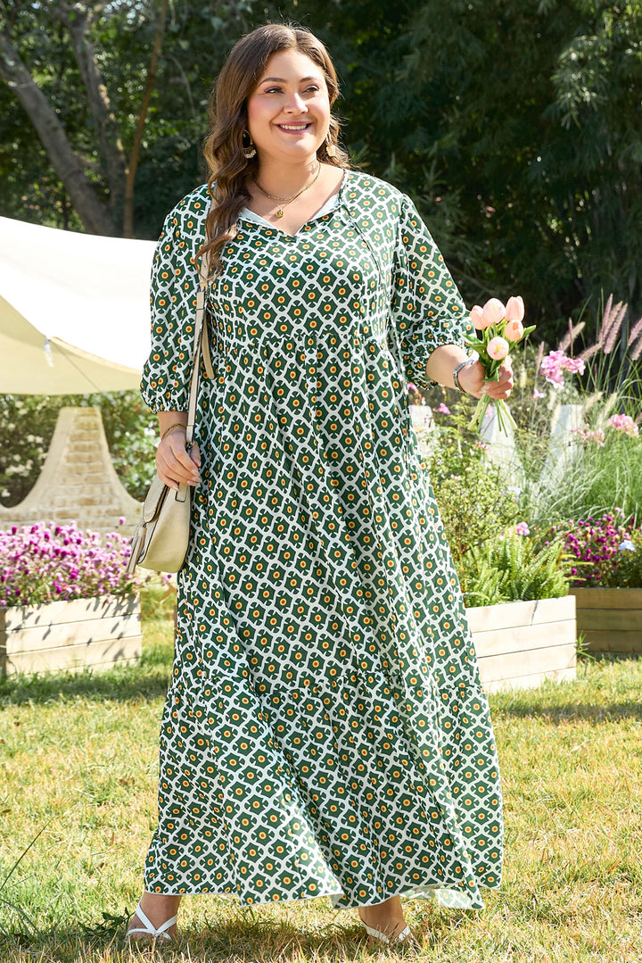 PLUS SIZE✨Emerald Garden Mosaic Tie-Neck Maxi (with Pockets) 💚🌼