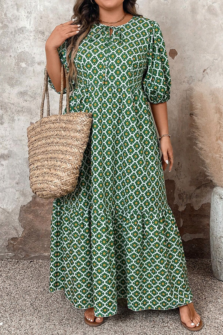 PLUS SIZE✨Emerald Garden Mosaic Tie-Neck Maxi (with Pockets) 💚🌼