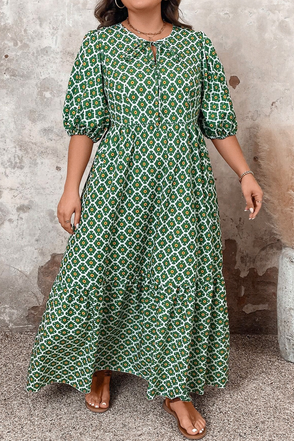 PLUS SIZE✨Emerald Garden Mosaic Tie-Neck Maxi (with Pockets) 💚🌼