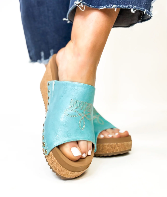 Corkys "Saddle Up" Turquoise Wedge Slip on Sandal