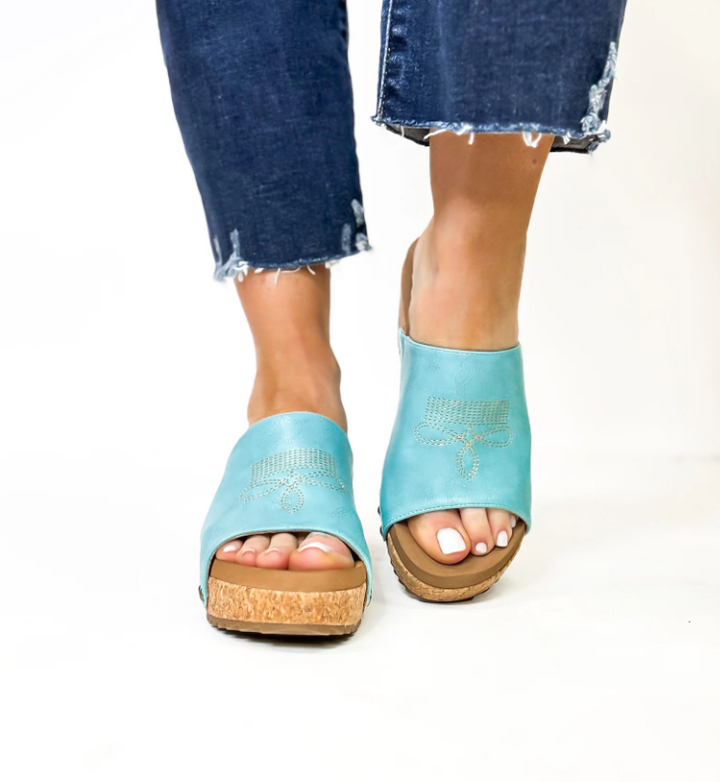 Corkys "Saddle Up" Turquoise Wedge Slip on Sandal