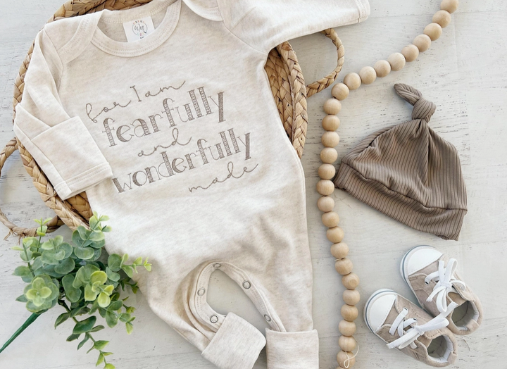 “Fearfully & Wonderfully Made” Oatmeal Embroidered Infant Onesie