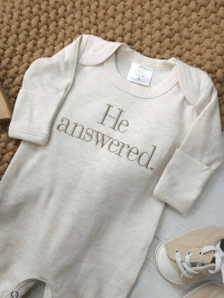 “He Answered” Embroidered Onesie – Oatmeal Heather