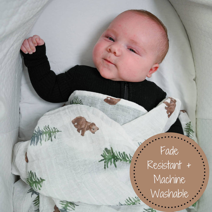 Bear Cub and Evergreen Trees Muslin Swaddle Baby Blanket
