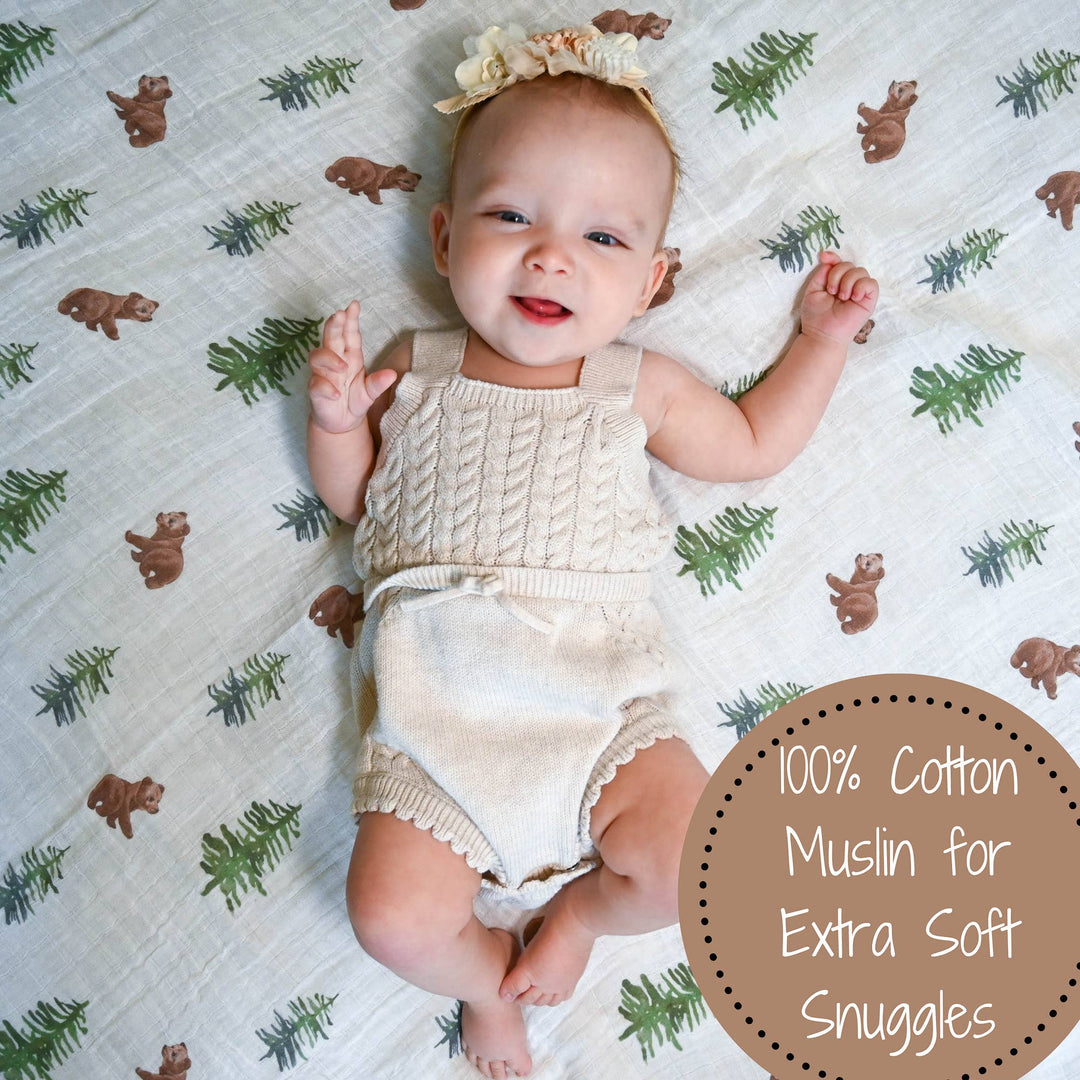 Bear Cub and Evergreen Trees Muslin Swaddle Baby Blanket