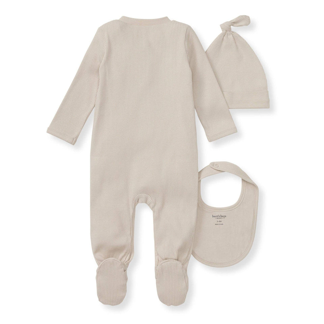 Burt's Bees Baby - Organic Cotton Jumpsuit, Bib & Hat 3 Piece Set - Limestone