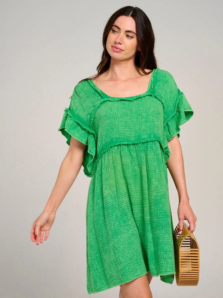 Bibi Green Textured Ruffle Sleeve Mini Dress