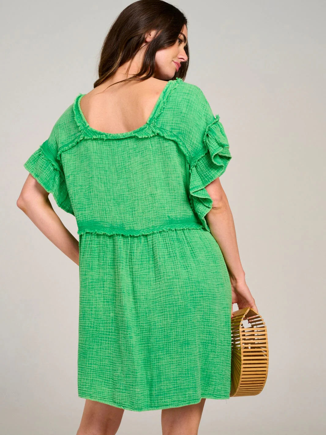 Bibi Green Textured Ruffle Sleeve Mini Dress
