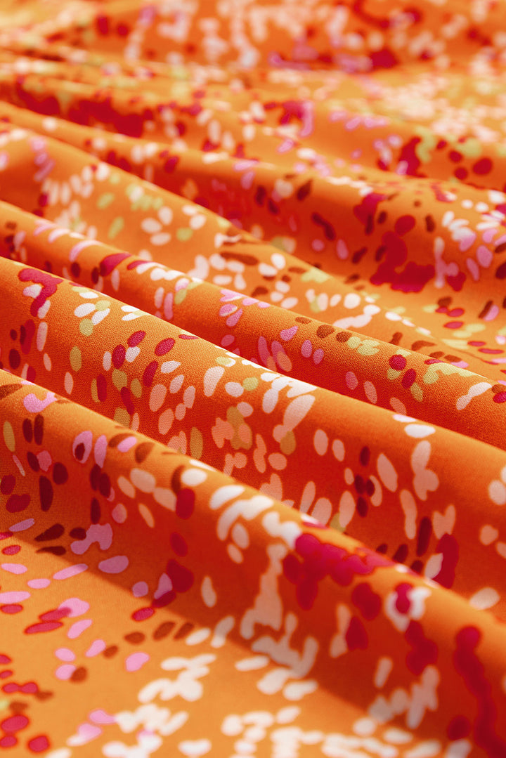 Bright Orange Abstract Floral Print Collared V Neck Babydoll Blouse