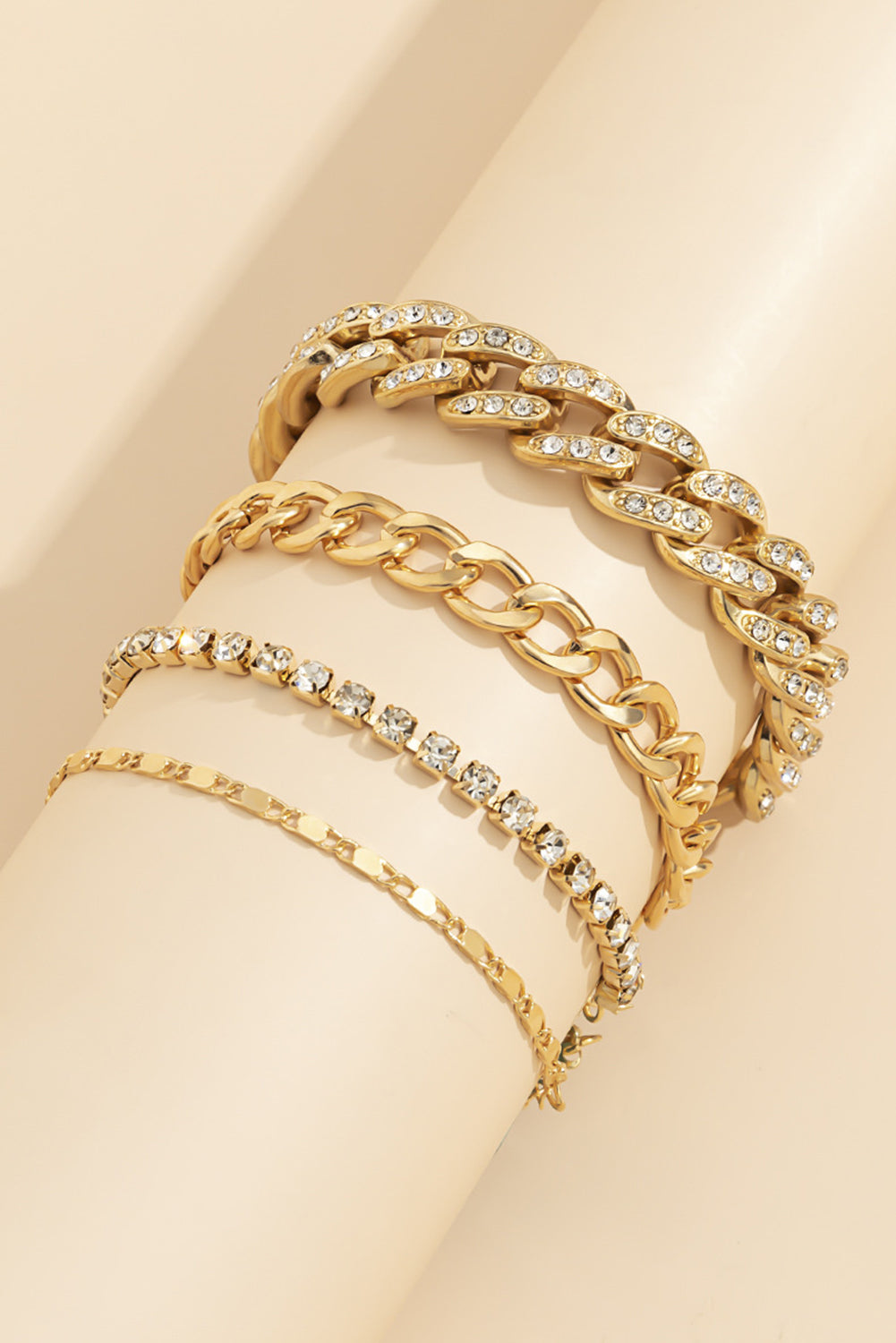 Rhinestone and Gold Bling 4 Piece Layering Gold Plated Bracelet Set-Adjustable Chain Lengths