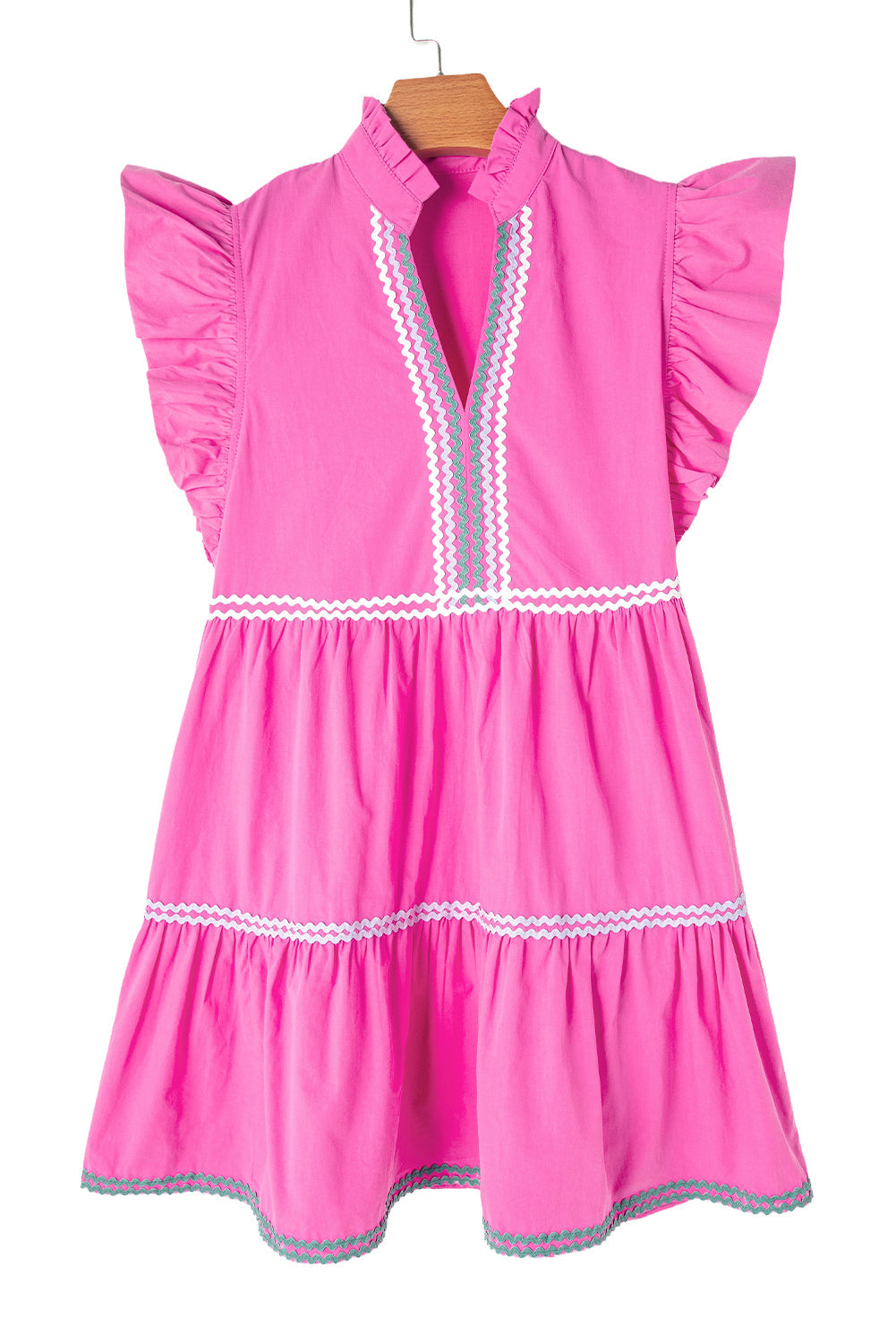 Hot Pink Ric Rac Trimmed Flutter Sleeve V Neck Tiered Dress