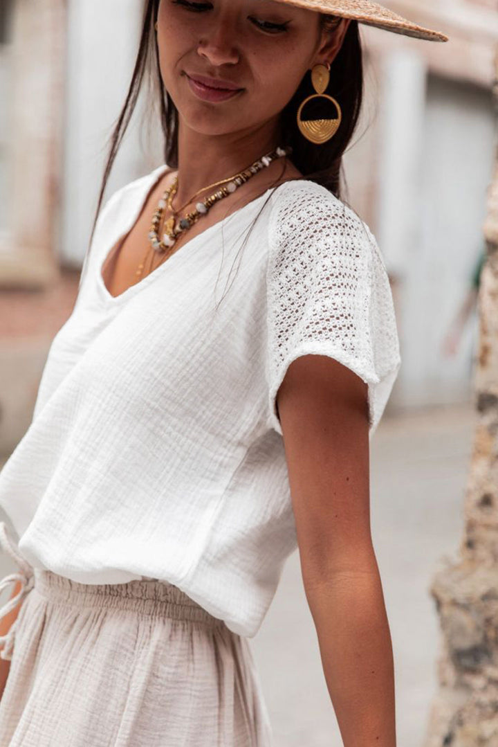 Winter White Lace Back Crochet Button Back V Neck Blouse