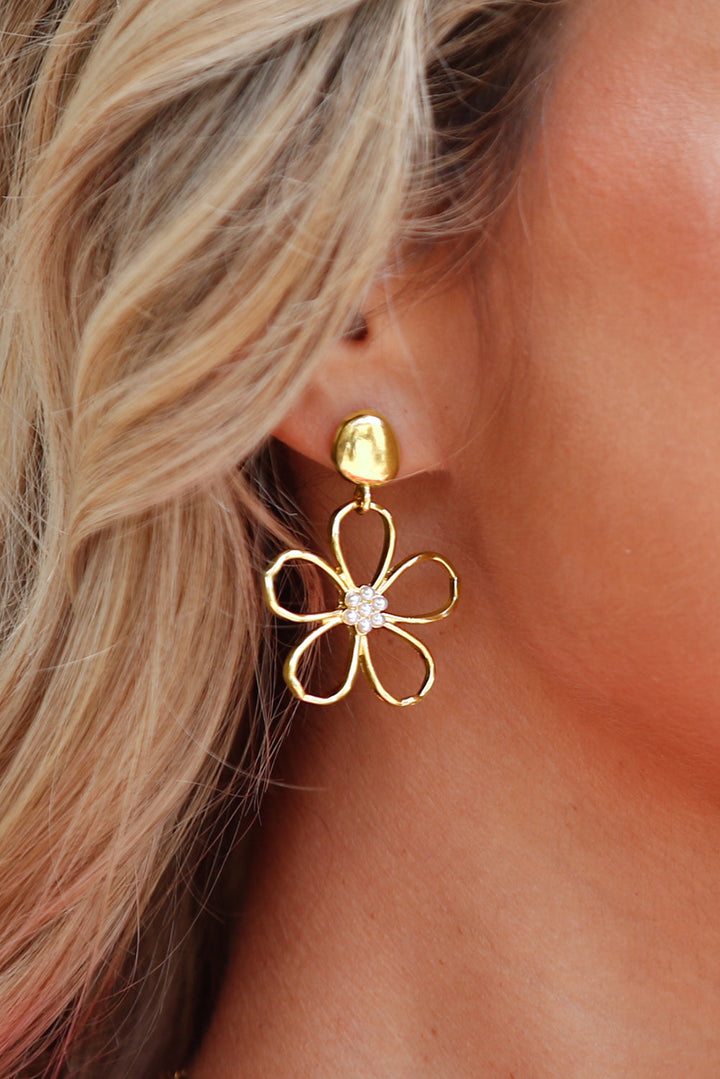 Gold Plated Dangle Flower Pierced Earrings with Faux Pearl Center