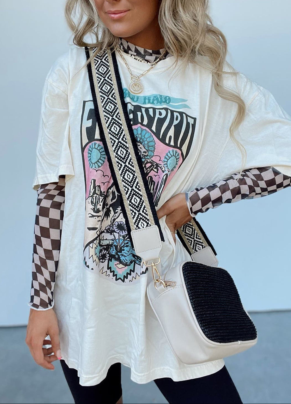 Black and White Checkered Pattern Mesh Neck Long Sleeve Stretch Top