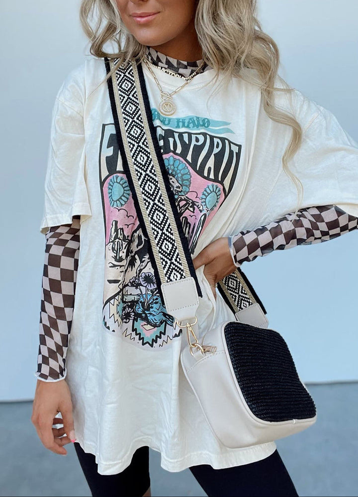 Black and White Checkered Pattern Mesh Neck Long Sleeve Stretch Top