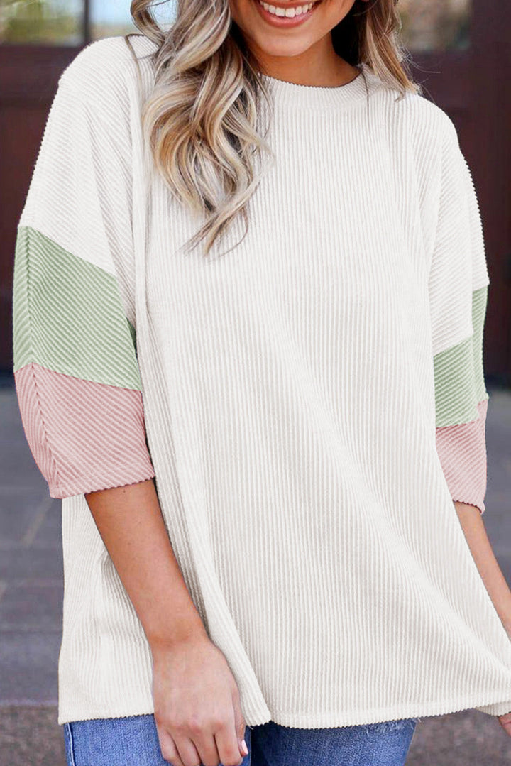 White Three-Quarter Sleeve Textured Ribbed Color Knit Top