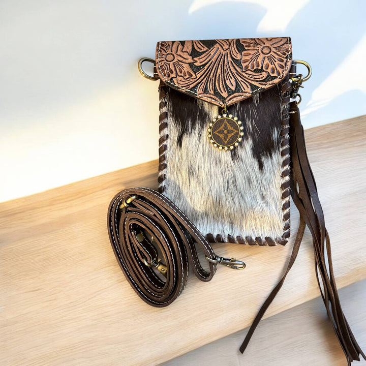 LV Logo Medallion brown Tooled Cowhide Phone Crossbody