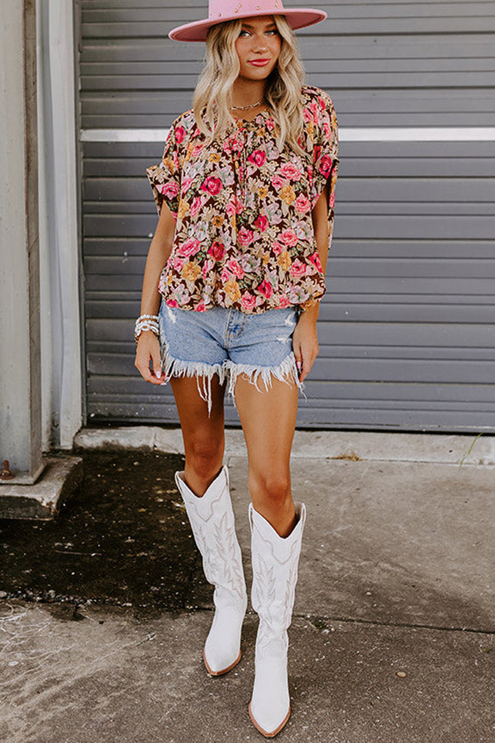 Floral Print Ruffle Collar Short Sleeve Blouse