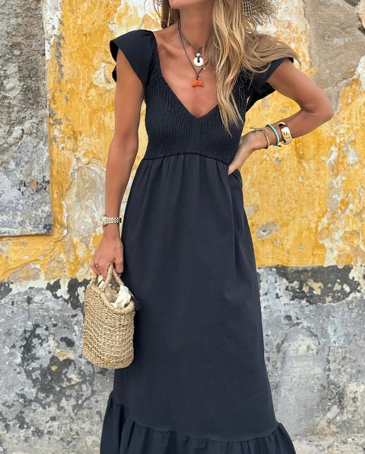 Black Flutter Sleeve High Waist Maxi Dress